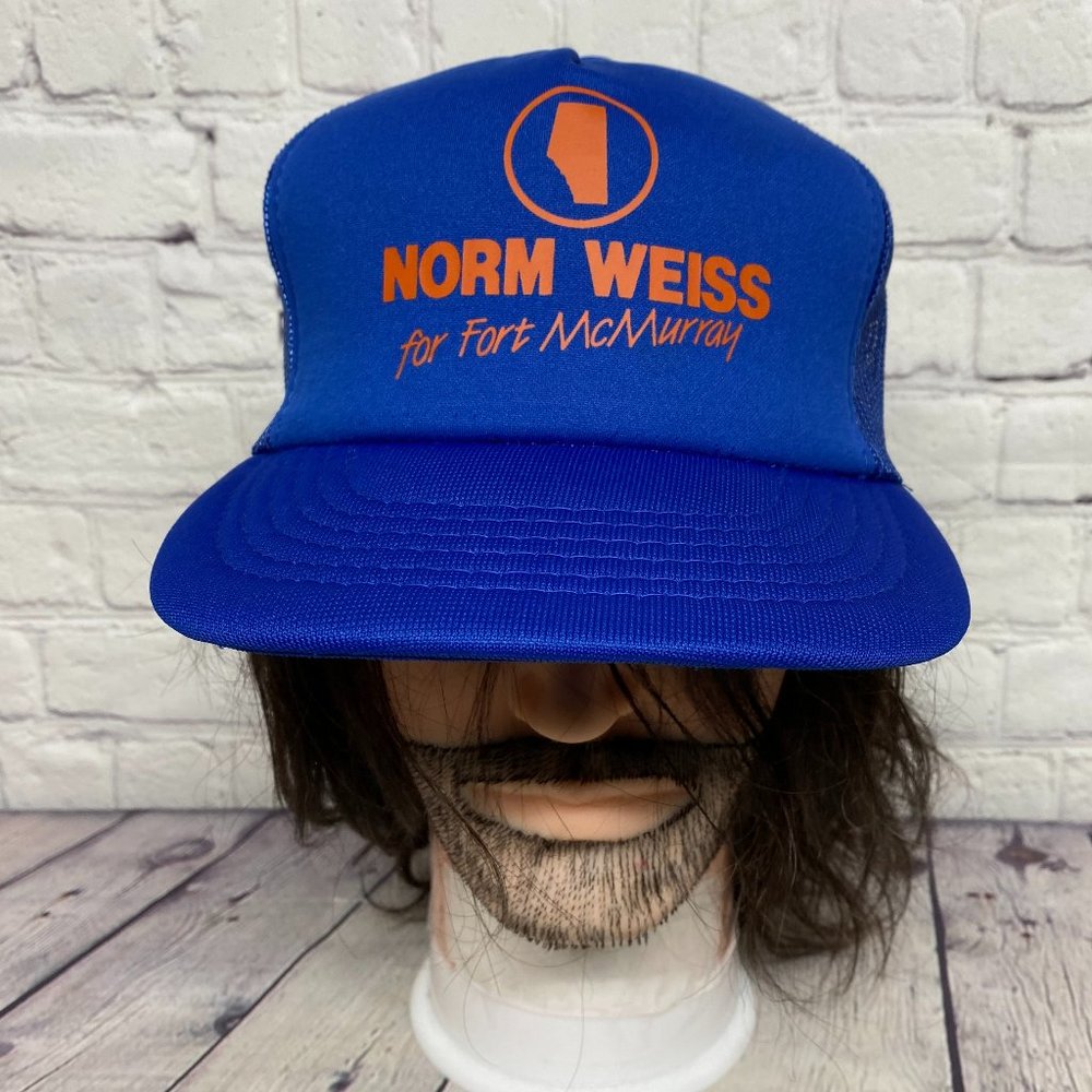 Vintage Trucker Hat Mesh Cap Snapback Blue Norm Weiss for Fort McMurray 80s